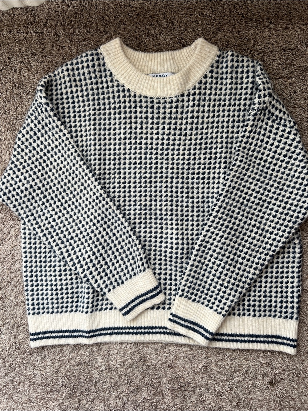 Old Navy Cream and Navy Patterned Crewneck Sweater